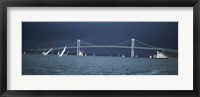 Storm approaches sailboats racing past Rose Island lighthouse and Newport Bridge in Narragansett Bay, Newport, Rhode Island USA Fine Art Print