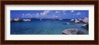 Rocks at the coast with boats in the background, The Baths, Virgin Gorda, British Virgin Islands Fine Art Print