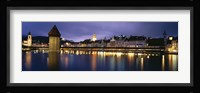 Buildings lit up at dusk, Chapel Bridge, Reuss River, Lucerne, Switzerland Fine Art Print