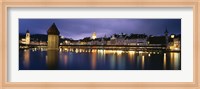 Buildings lit up at dusk, Chapel Bridge, Reuss River, Lucerne, Switzerland Fine Art Print
