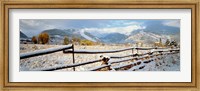 Wooden fence covered with snow at the countryside, Colorado, USA Fine Art Print