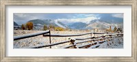 Wooden fence covered with snow at the countryside, Colorado, USA Fine Art Print