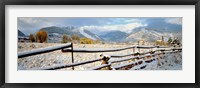 Wooden fence covered with snow at the countryside, Colorado, USA Fine Art Print