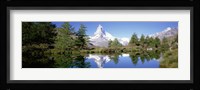 Reflection of trees and mountain in a lake, Matterhorn, Switzerland Fine Art Print