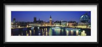 Buildings lit up at dusk, Big Ben, Houses Of Parliament, Thames River, London, England Fine Art Print