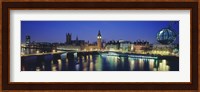 Buildings lit up at dusk, Big Ben, Houses Of Parliament, Thames River, London, England Fine Art Print