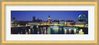 Buildings lit up at dusk, Big Ben, Houses Of Parliament, Thames River, London, England Fine Art Print