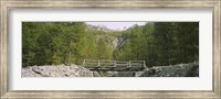 Wooden footbridge across a stream in a mountain range, Switzerland Fine Art Print