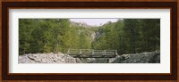 Wooden footbridge across a stream in a mountain range, Switzerland Fine Art Print