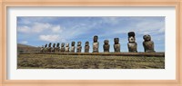 Low angle view of Moai statues in a row, Easter Island, Chile Fine Art Print