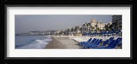 Empty lounge chairs on the beach, Nice, French Riviera, France Fine Art Print