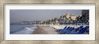 Empty lounge chairs on the beach, Nice, French Riviera, France Fine Art Print