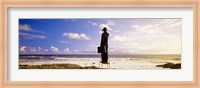 Businessman Standing On A Ladder And Looking Through Binoculars, California, USA Fine Art Print