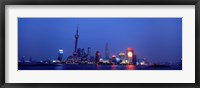 Buildings at the waterfront lit up at dusk, Pudong, Shanghai, China Fine Art Print