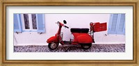 Motor scooter parked in front of a building, Santorini, Cyclades Islands, Greece Fine Art Print