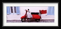 Motor scooter parked in front of a building, Santorini, Cyclades Islands, Greece Fine Art Print