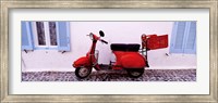 Motor scooter parked in front of a building, Santorini, Cyclades Islands, Greece Fine Art Print