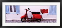 Motor scooter parked in front of a building, Santorini, Cyclades Islands, Greece Fine Art Print