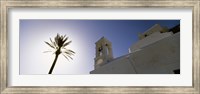 Low angle view of a palm tree near a church , Ios, Cyclades Islands, Greece Fine Art Print