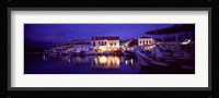 Greece, Cephalonia, Light illuminated on harbor and outdoors cafe Fine Art Print
