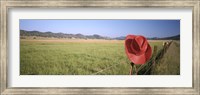 USA, California, Red cowboy hat hanging on the fence Fine Art Print