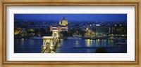 High angle view of a suspension bridge lit up at dusk, Chain Bridge, Danube River, Budapest, Hungary Fine Art Print