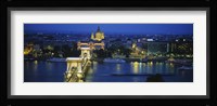 High angle view of a suspension bridge lit up at dusk, Chain Bridge, Danube River, Budapest, Hungary Fine Art Print