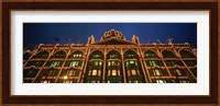 Low angle view of a building lit up at night, Harrods, London, England Fine Art Print