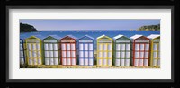 Beach huts in a row on the beach, Catalonia, Spain Fine Art Print