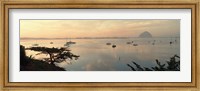 Boats in a bay with Morro Rock in the distance, Morro Bay, San Luis Obispo, California, USA Fine Art Print