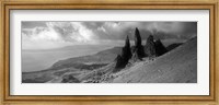 Rock formations on hill in black and white, Isle of Skye, Scotland Fine Art Print