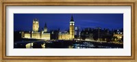 Buildings lit up at dusk, Westminster Bridge, Big Ben, Houses Of Parliament, Westminster, London, England Fine Art Print