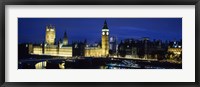 Buildings lit up at dusk, Westminster Bridge, Big Ben, Houses Of Parliament, Westminster, London, England Fine Art Print