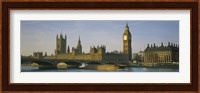 Barge in a river, Thames River, Big Ben, City Of Westminster, London, England Fine Art Print