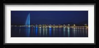Buildings lit up at night, Jet D'eau, Lake Geneva, Lausanne, Switzerland Fine Art Print