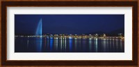 Buildings lit up at night, Jet D'eau, Lake Geneva, Lausanne, Switzerland Fine Art Print