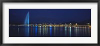 Buildings lit up at night, Jet D'eau, Lake Geneva, Lausanne, Switzerland Fine Art Print