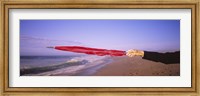 Close-up of a woman's hand pointing with a red umbrella, Point Reyes National Seashore, California, USA Fine Art Print