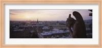 Chimera sculpture with a cityscape in the background, Galerie Des Chimeres, Notre Dame, Paris, Ile-De-France, France Fine Art Print