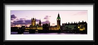 Buildings lit up at dusk, Big Ben, Houses of Parliament, Thames River, City Of Westminster, London, England Fine Art Print