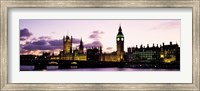 Buildings lit up at dusk, Big Ben, Houses of Parliament, Thames River, City Of Westminster, London, England Fine Art Print