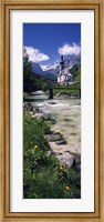 Bridge over stream below country church, Bavarian Alps, Germany. Fine Art Print