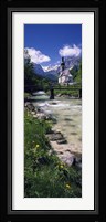 Bridge over stream below country church, Bavarian Alps, Germany. Fine Art Print