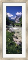 Bridge over stream below country church, Bavarian Alps, Germany. Fine Art Print