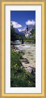 Bridge over stream below country church, Bavarian Alps, Germany. Fine Art Print