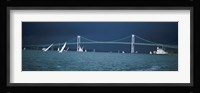 Storm approaches sailboats racing past Rose Island lighthouse and Newport Bridge in Narragansett Bay, Newport, Rhode Island USA Fine Art Print