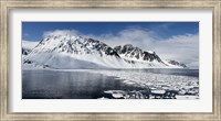 Ice floes on water with a mountain range in the background, Magdalene Fjord, Spitsbergen, Svalbard Islands, Norway Fine Art Print