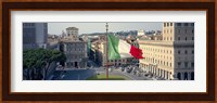 Italian flag fluttering with city in the background, Piazza Venezia, Vittorio Emmanuel II Monument, Rome, Italy Fine Art Print