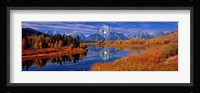 Reflection of mountains in the river, Mt Moran, Oxbow Bend, Snake River, Grand Teton National Park, Wyoming, USA Fine Art Print