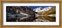 Reflection of snowy mountains in the lake, Maroon Bells, Elk Mountains, Colorado, USA Fine Art Print